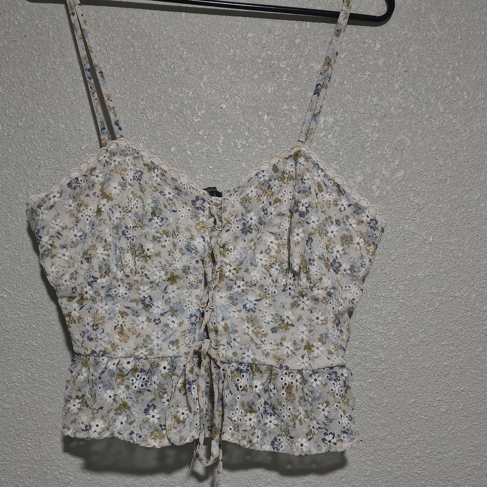 wild fable Floral Lace-Trim Spaghetti Cami Top - White/Blue/Olive